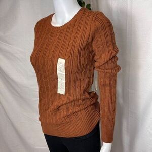 St Johns Bay Brown Cotton Blend V‎ Neck Cable Knit Sweater Size S